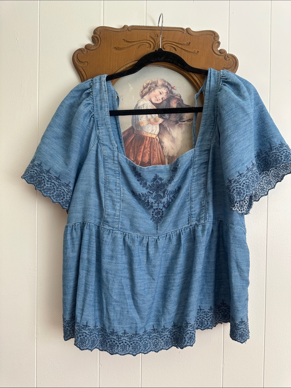Old Navy Blue Embroidered Tie Back Peplum Short Sleeve Top Blouse XL